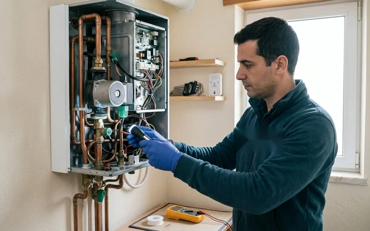 Técnico a fazer manutenção de uma caldeira