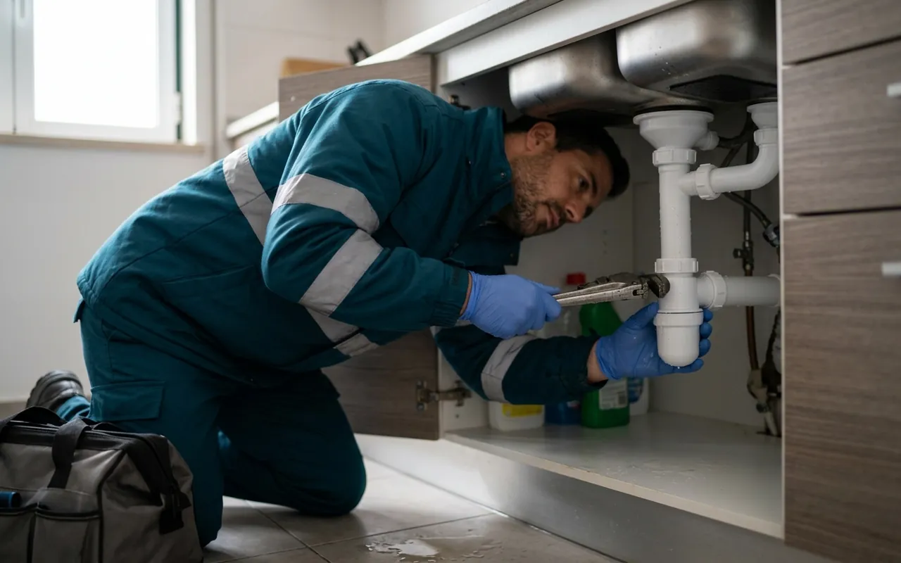 Canalizador a reparar uma tubagem sob o lava-loiça