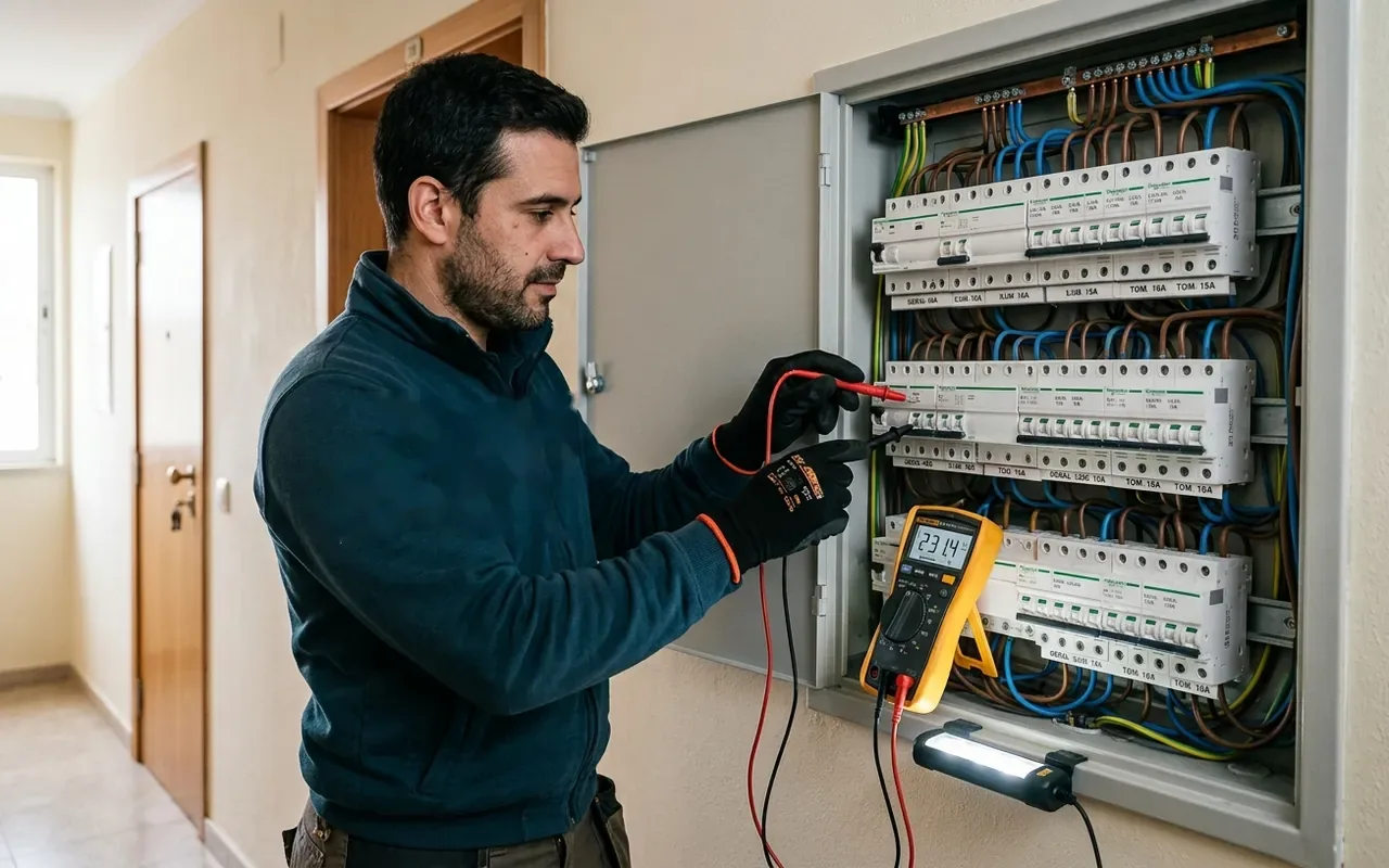 Eletricista a diagnosticar um quadro elétrico